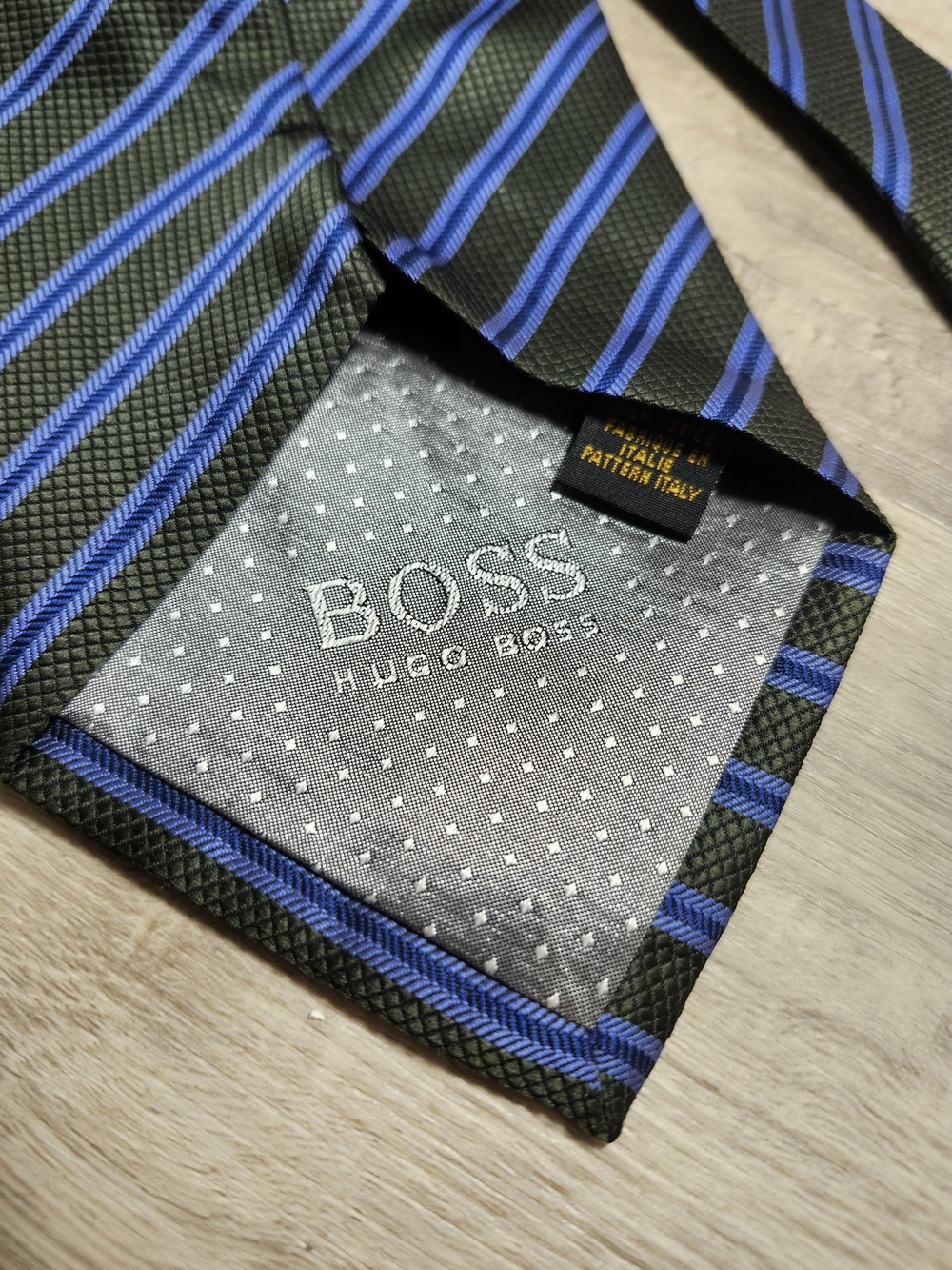 Hugo Boss Olive Green Tie with Royal Blue Stripes 4 Inch Width